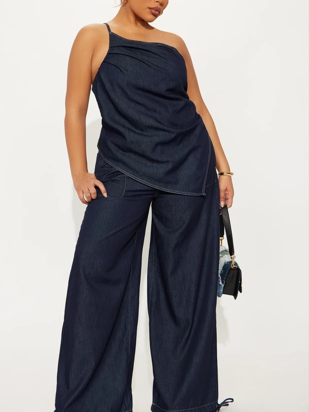 Fashion Nova Indigo One-Shoulder Wide-Leg Denim Jumpsuit